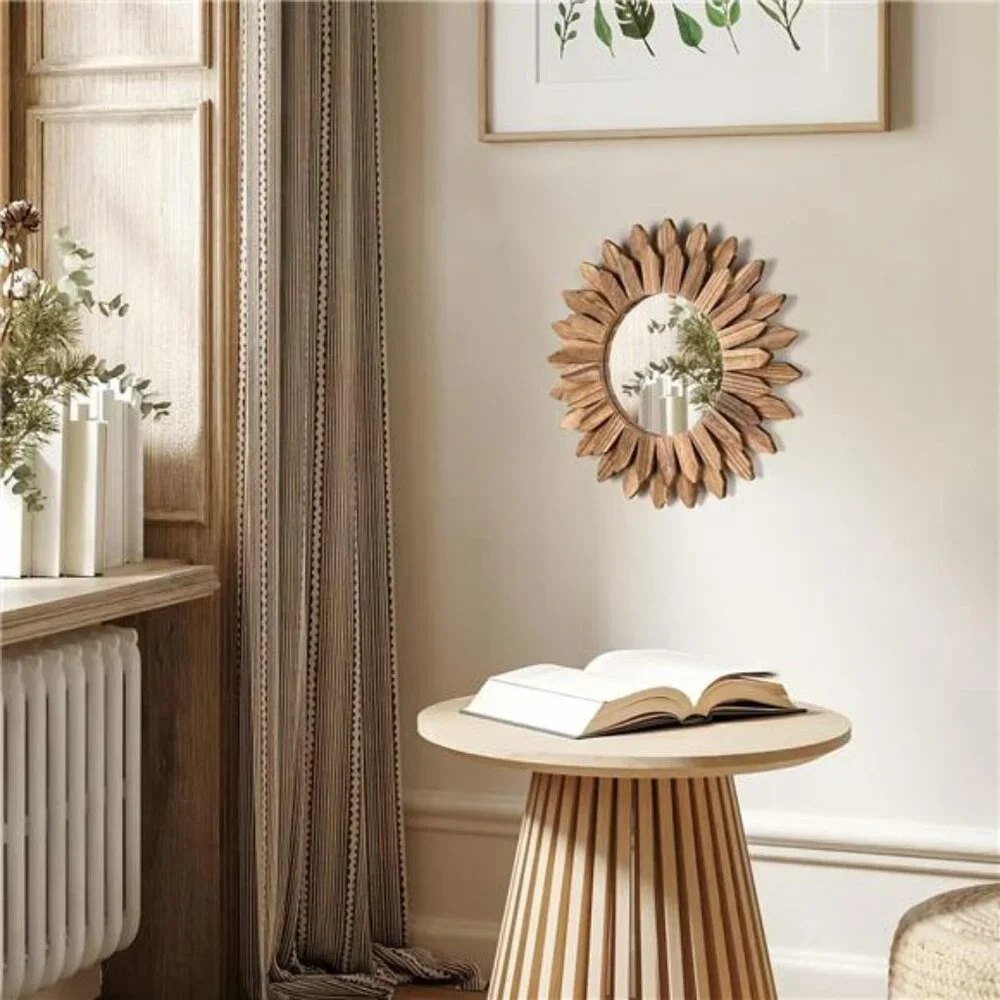 Wall Mirror Decorative 12 inch Rustic Wood Mirror Sunburst Boho Mirror for Entry